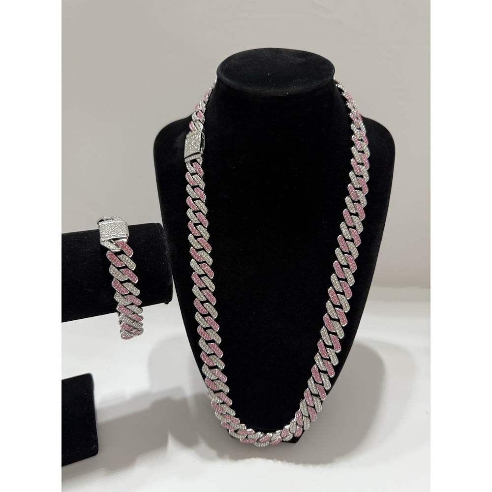 pink iced out cuban necklace & bracelet, you get both, sizes 24 & 8 Inch, 14mm